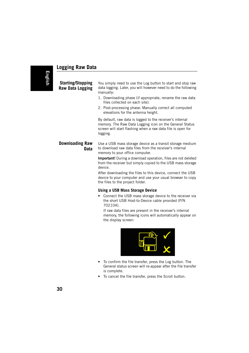 Logging raw data, Starting/stopping raw data logging, Downloading raw data | Using a usb mass storage device | Spectra Precision ProFlex 800 Backpack User Manual | Page 34 / 38