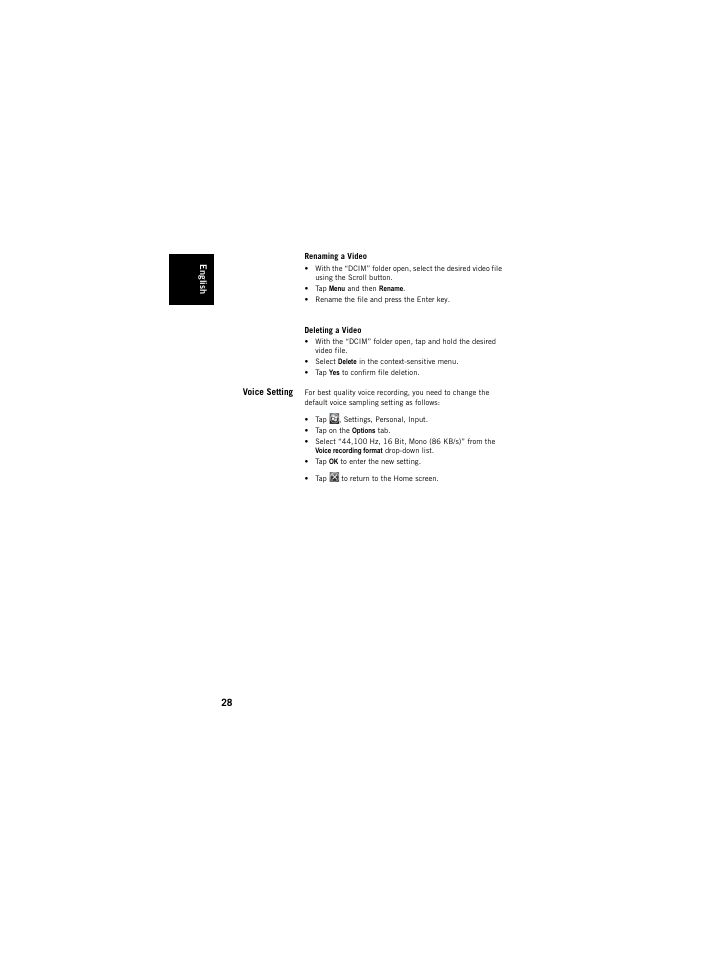 Renaming a video, Deleting a video, Voice setting | Renaming a video deleting a video | Spectra Precision ProMark 120/220 Handheld Platform User Manual | Page 34 / 46