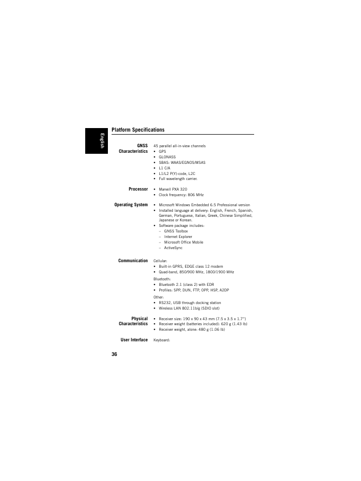 Platform specifications, Gnss characteristics, Processor | Operating system, Communication, Physical characteristics, User interface | Spectra Precision ProMark 120/220 Handheld Platform User Manual | Page 42 / 46