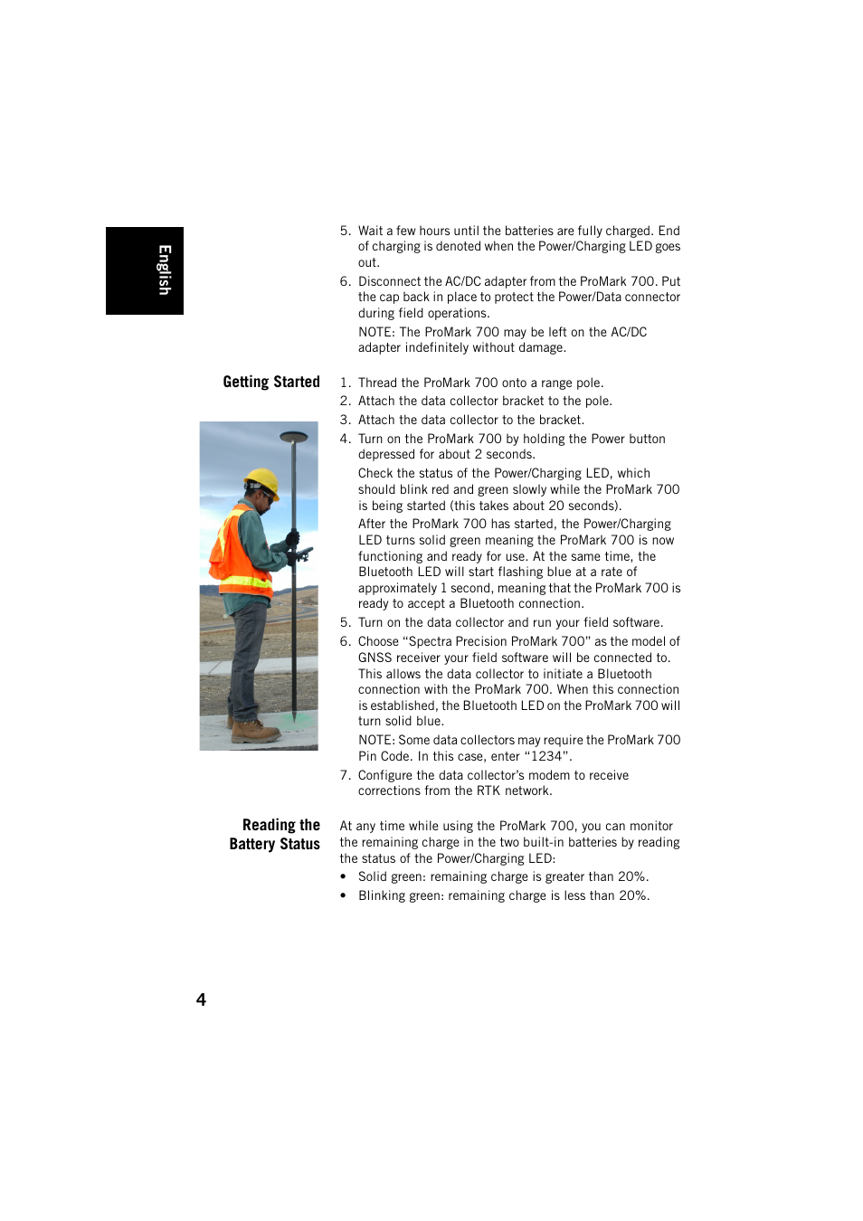 Getting started, Reading the battery status, Getting started reading the battery status | Spectra Precision ProMark 700 User Guide User Manual | Page 8 / 18