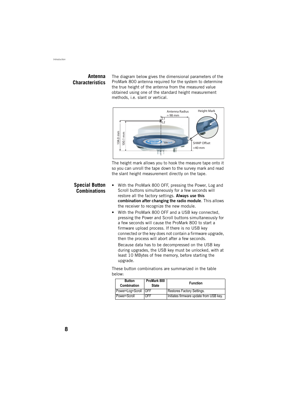 Antenna characteristics, Special button combinations | Spectra Precision ProMark 800 Reference Manual User Manual | Page 20 / 428
