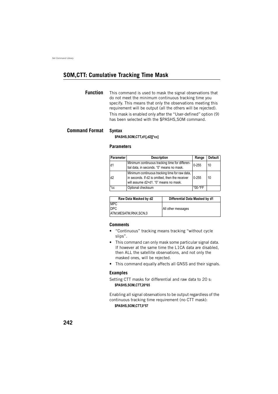 Som,ctt: cumulative tracking time mask, Function, Command format | Spectra Precision ProMark 800 Reference Manual User Manual | Page 254 / 428