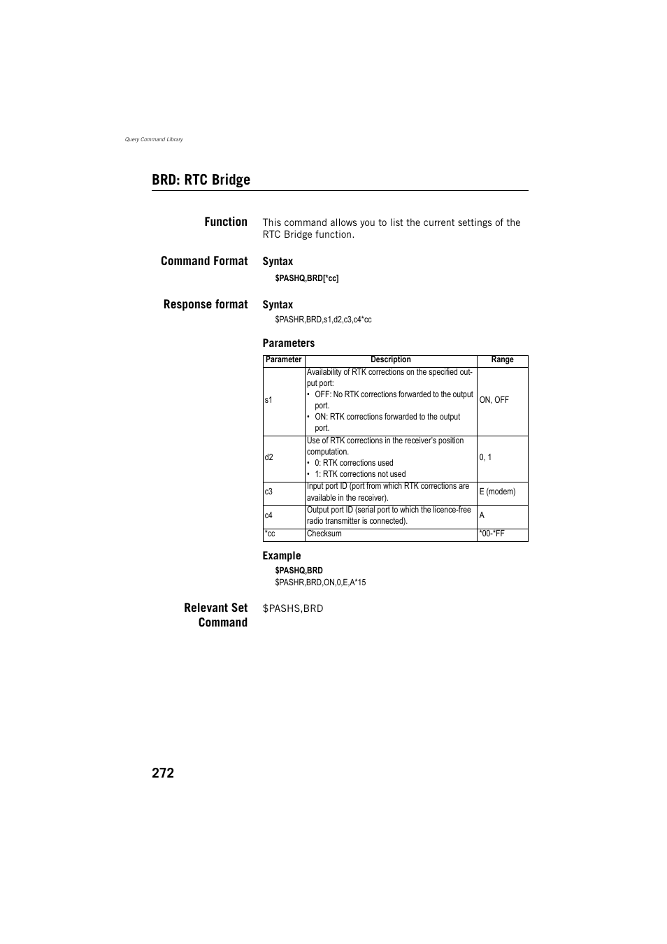 Brd: rtc bridge, Function, Command format | Response format, Relevant set command | Spectra Precision ProMark 800 Reference Manual User Manual | Page 284 / 428