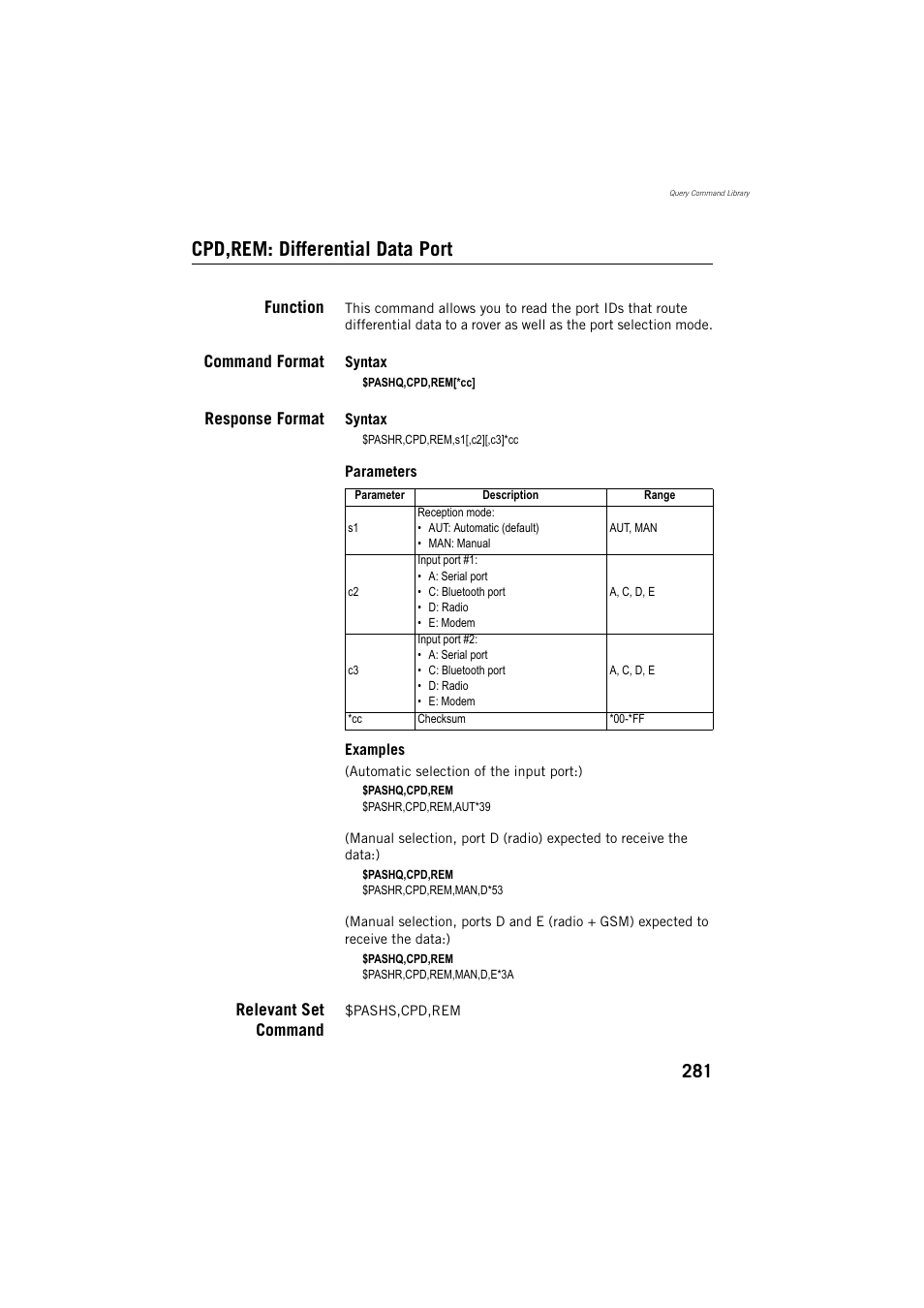 Cpd,rem: differential data port, Function, Command format | Response format, Relevant set command | Spectra Precision ProMark 800 Reference Manual User Manual | Page 293 / 428