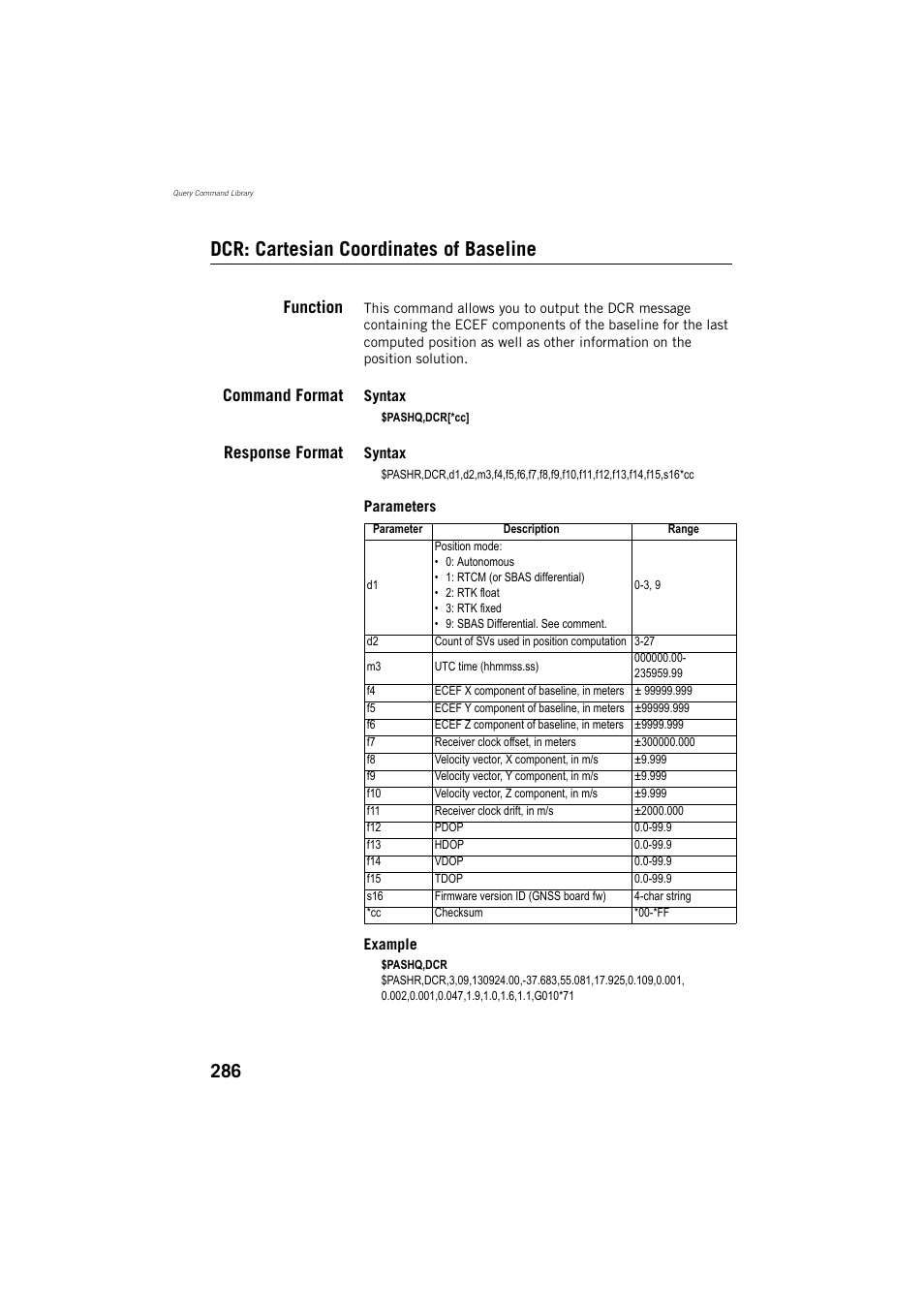 Dcr: cartesian coordinates of baseline, Function, Command format | Response format | Spectra Precision ProMark 800 Reference Manual User Manual | Page 298 / 428