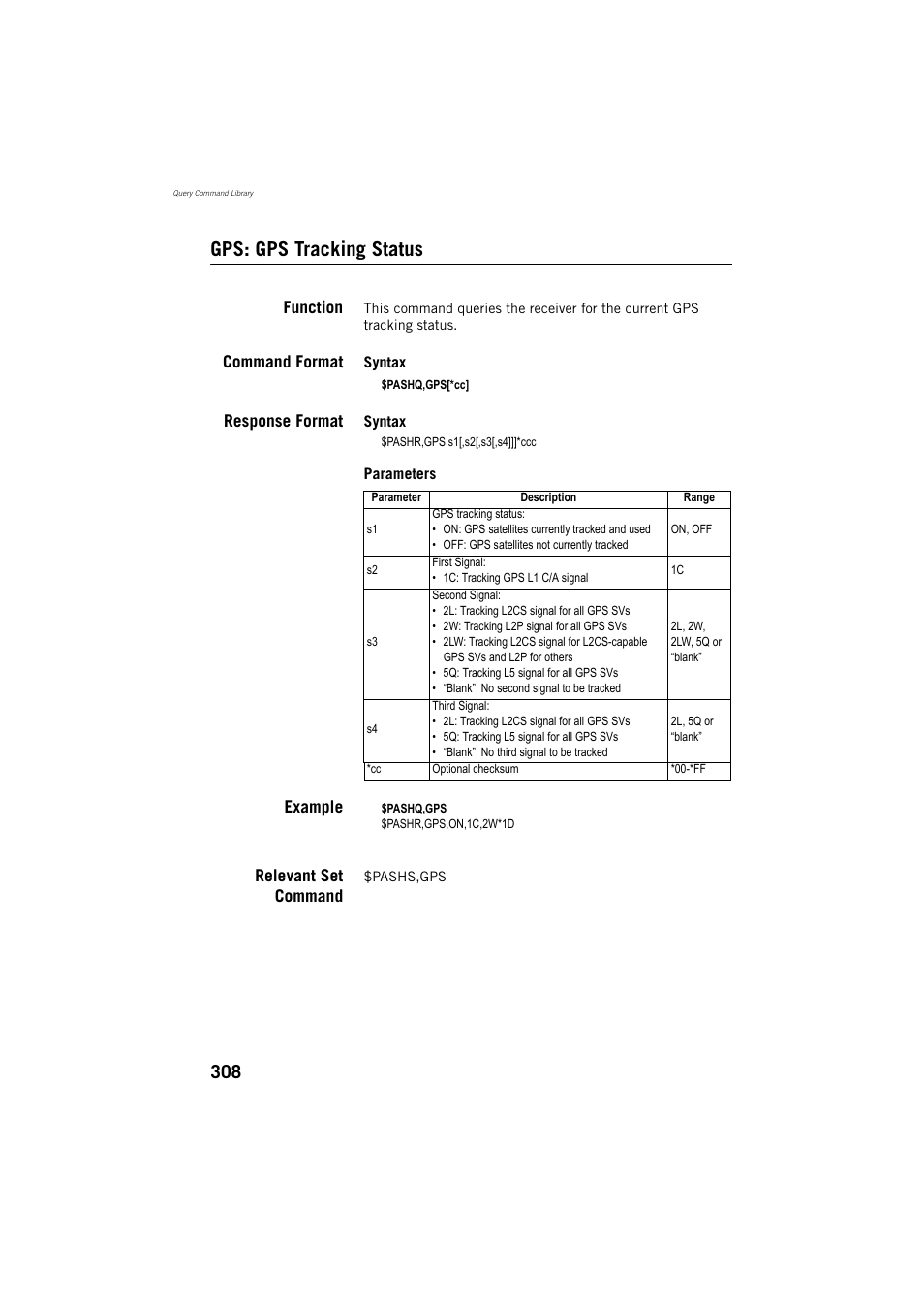 Gps: gps tracking status, Function, Command format | Response format, Example, Relevant set command | Spectra Precision ProMark 800 Reference Manual User Manual | Page 320 / 428