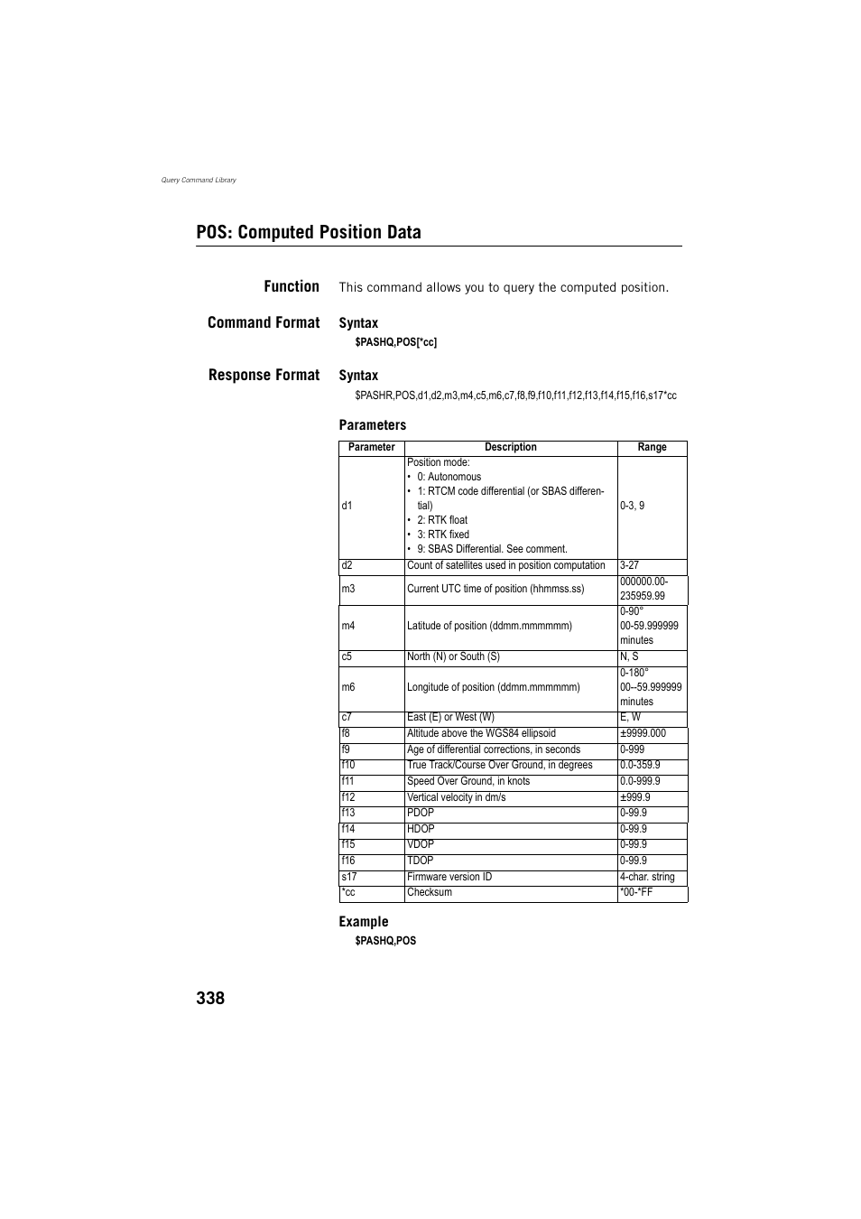 Pos: computed position data, Function, Command format | Response format | Spectra Precision ProMark 800 Reference Manual User Manual | Page 350 / 428