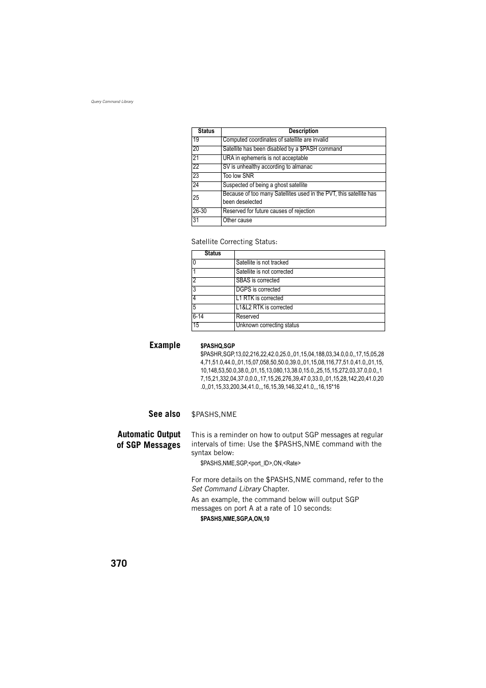 Example, See also, Automatic output of sgp messages | Spectra Precision ProMark 800 Reference Manual User Manual | Page 382 / 428