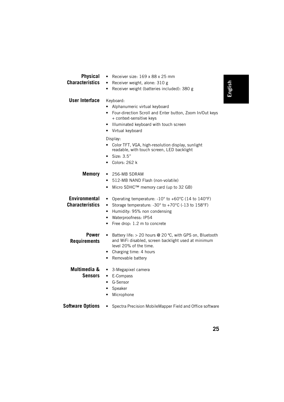 Physical characteristics, User interface, Memory | Environmental characteristics, Power requirements, Multimedia & sensors, Software options | Spectra Precision MobileMapper 20 User Manual | Page 31 / 34