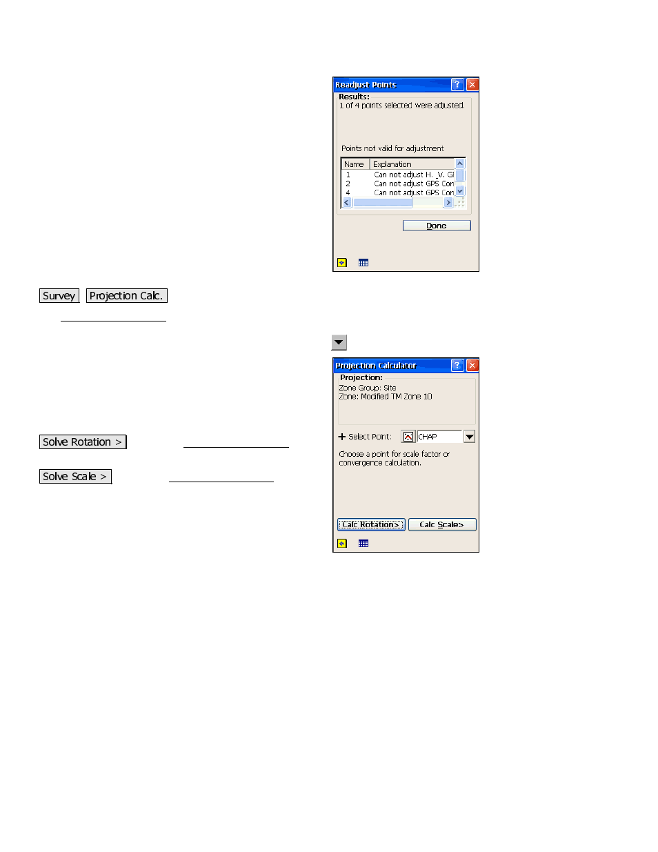 Projection calculator, Readjust points – recalculate results | Spectra Precision Survey Pro 3.80 Recon GPS Reference Manual User Manual | Page 68 / 99