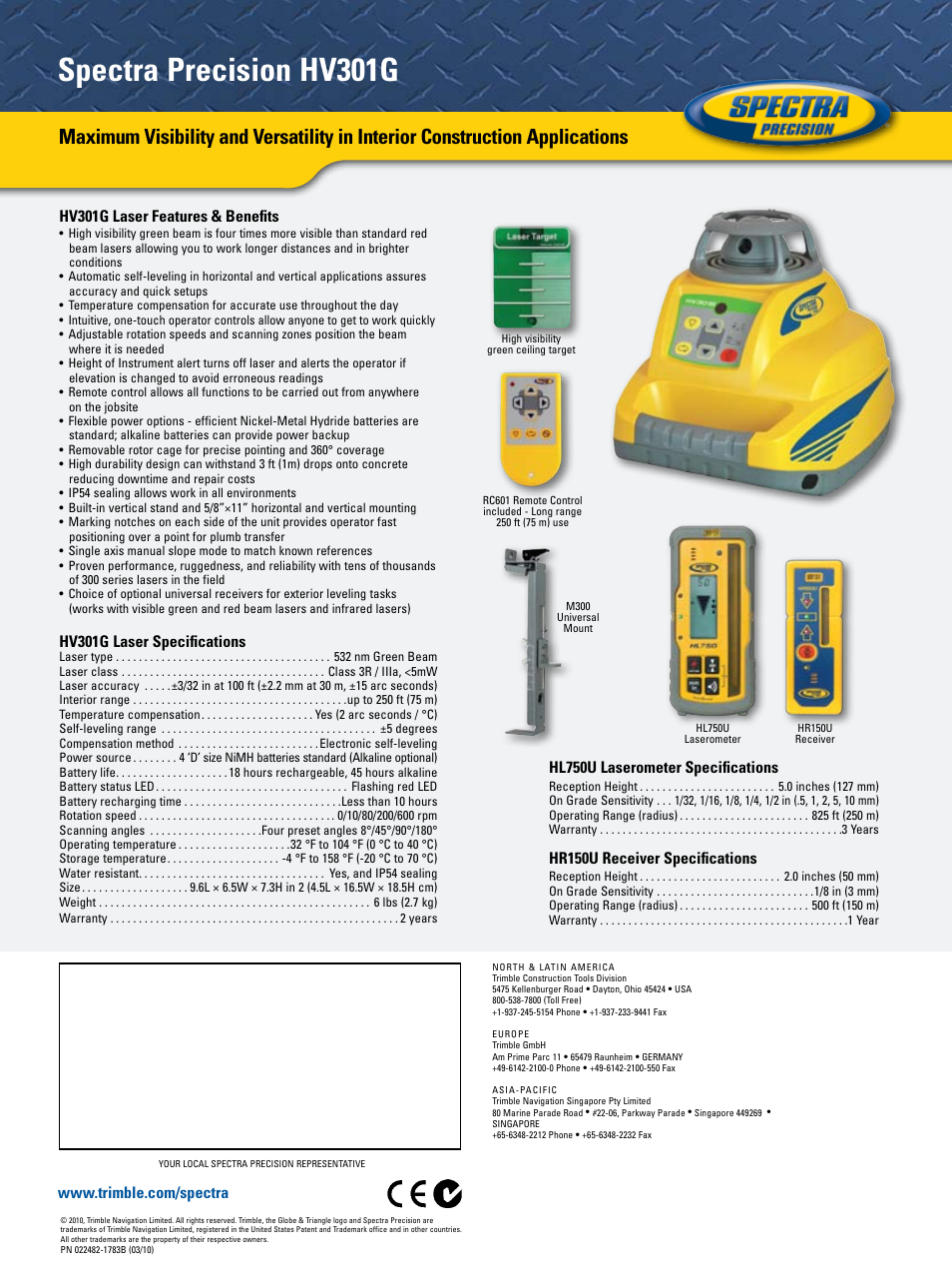 Spectra precision hv301g, Hv301g laser features & benefits, Hv301g laser specifications | Hl750u laserometer specifications, Hr150u receiver specifications | Spectra Precision HV301G Interior Laser User Manual | Page 2 / 2