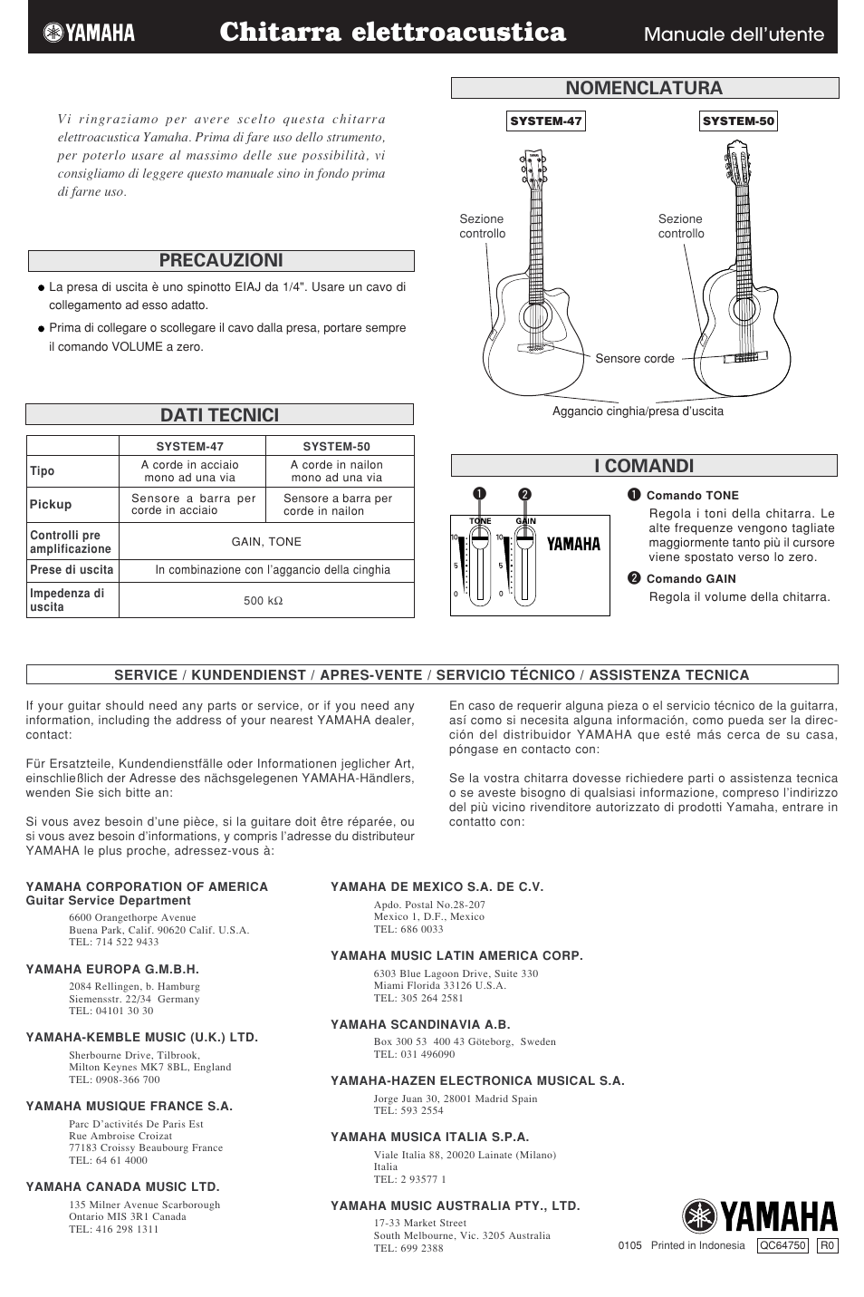 Chitarra elettroacustica, Nomenclatura, Precauzioni | I comandi, Dati tecnici, Manuale dell’utente | Yamaha CPX900 User Manual | Page 2 / 2