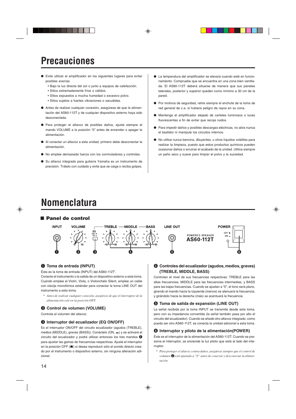 Precauciones, Nomenclatura, Panel de control | Yamaha AS60-112T User Manual | Page 14 / 22