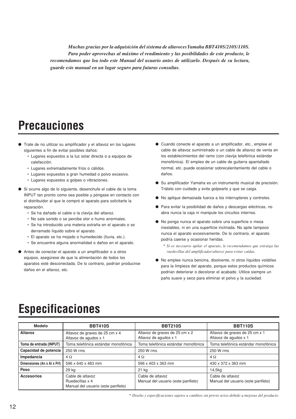 Manual del usuario, Precauciones, Especificaciones | Yamaha BBT210S User Manual | Page 12 / 18