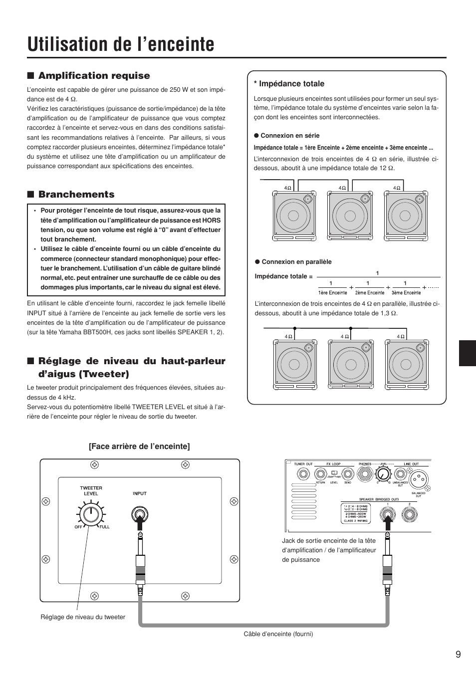 Utilisation de l'enceinte, Amplification requise, Branchements | Utilisation de l’enceinte | Yamaha BBT210S User Manual | Page 9 / 18