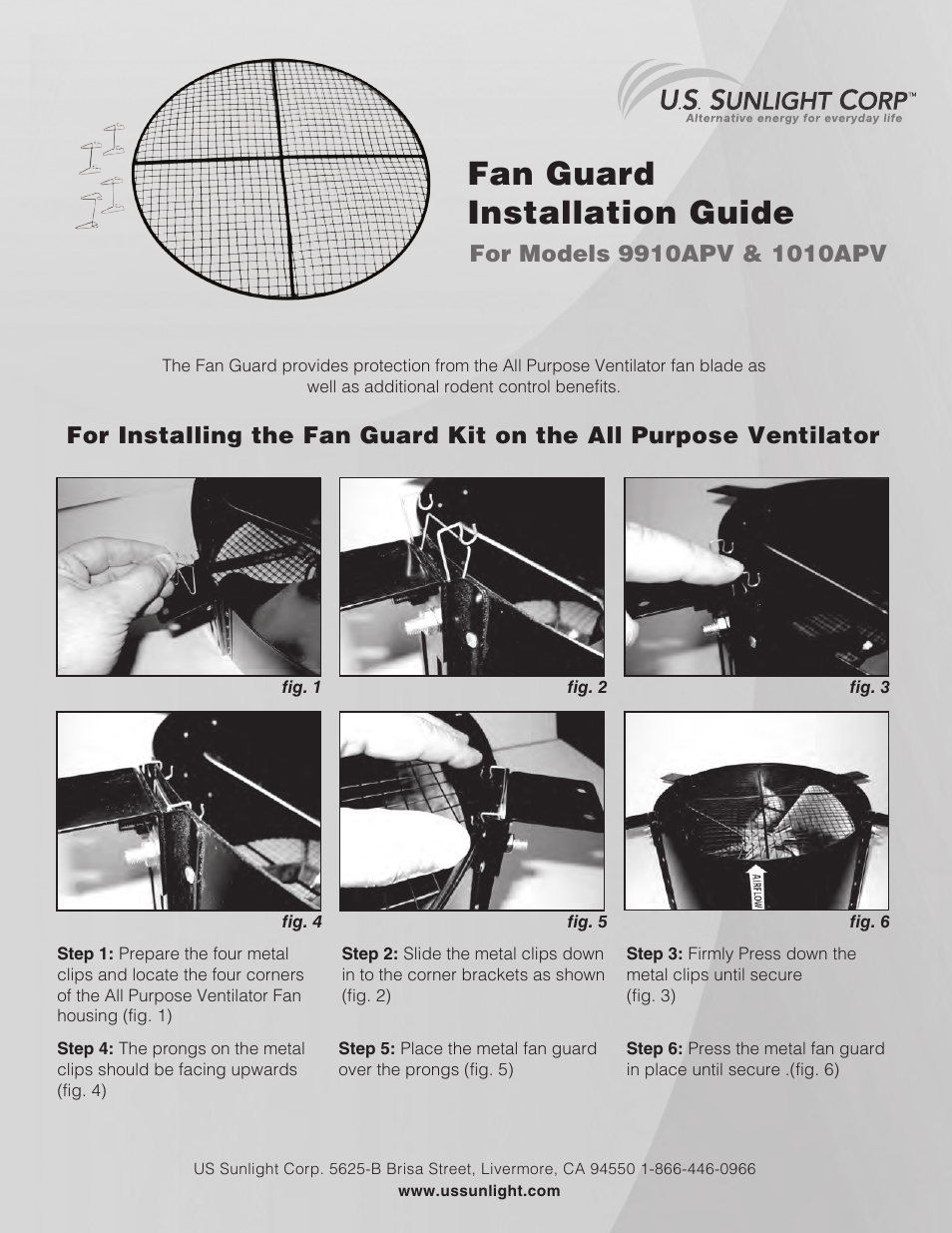 U.S. Sunlight 1010APV Fan Guard User Manual | 1 page