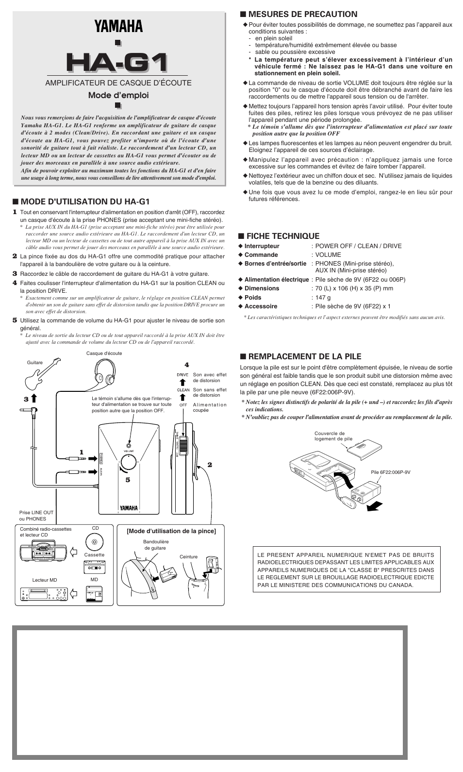 Mode d'emploi, Ha-g1 | Yamaha HA-G1 User Manual | Page 3 / 4