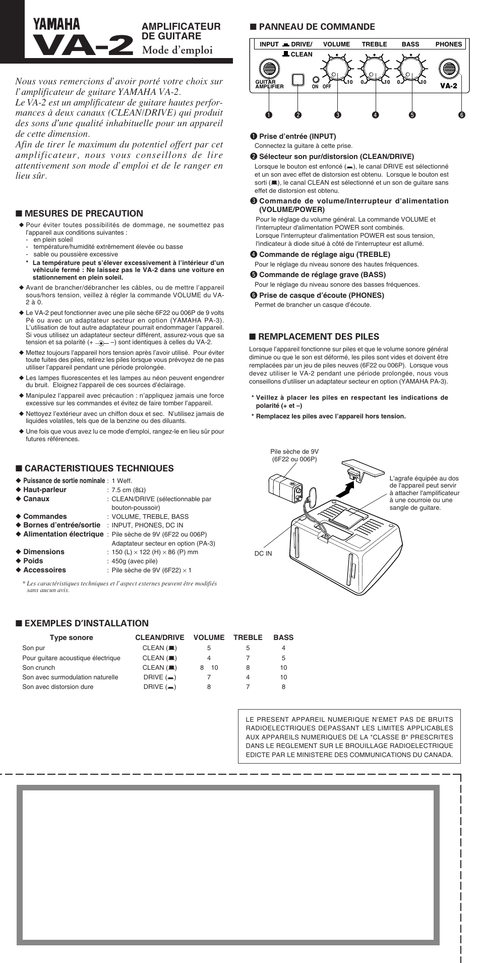 Va-2, Mode d’emploi, Amplificateur de guitare | Panneau de commande, Mesures de precaution, Exemples d’installation, Remplacement des piles, Caracteristiques techniques | Yamaha VA-2 User Manual | Page 3 / 4