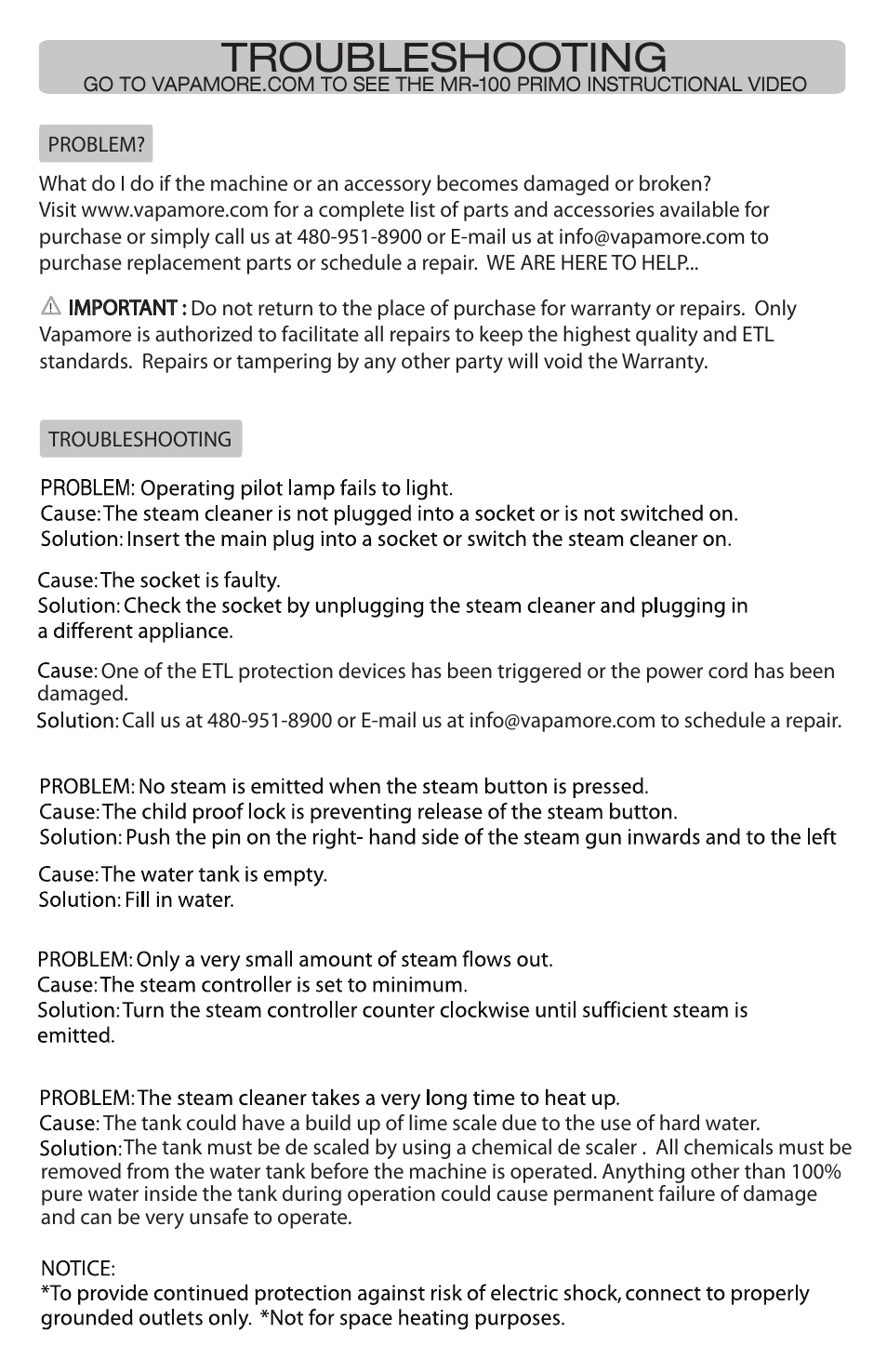 Troubleshooting | Vapamore MR-100 Primo User Manual | Page 11 / 14