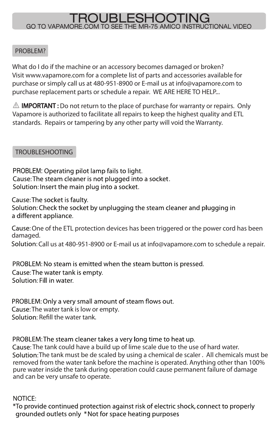 Troubleshooting | Vapamore MR-75 Amico User Manual | Page 10 / 12