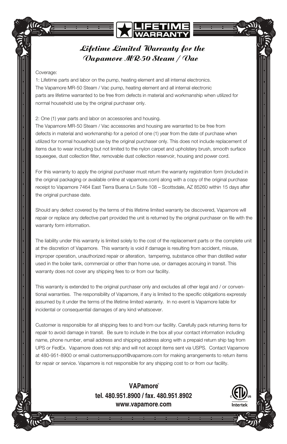 Backcovera.pdf | Vapamore MR-50 Steam/Vac User Manual | Page 6 / 6