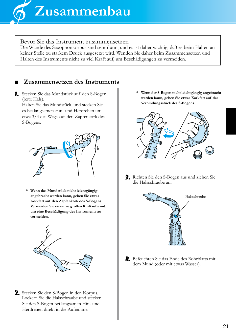 Zusammenbau, Bevor sie das instrument zusammensetzen, Zusammensetzen des instruments 2 | Yamaha SAX-MTSET User Manual | Page 5 / 12