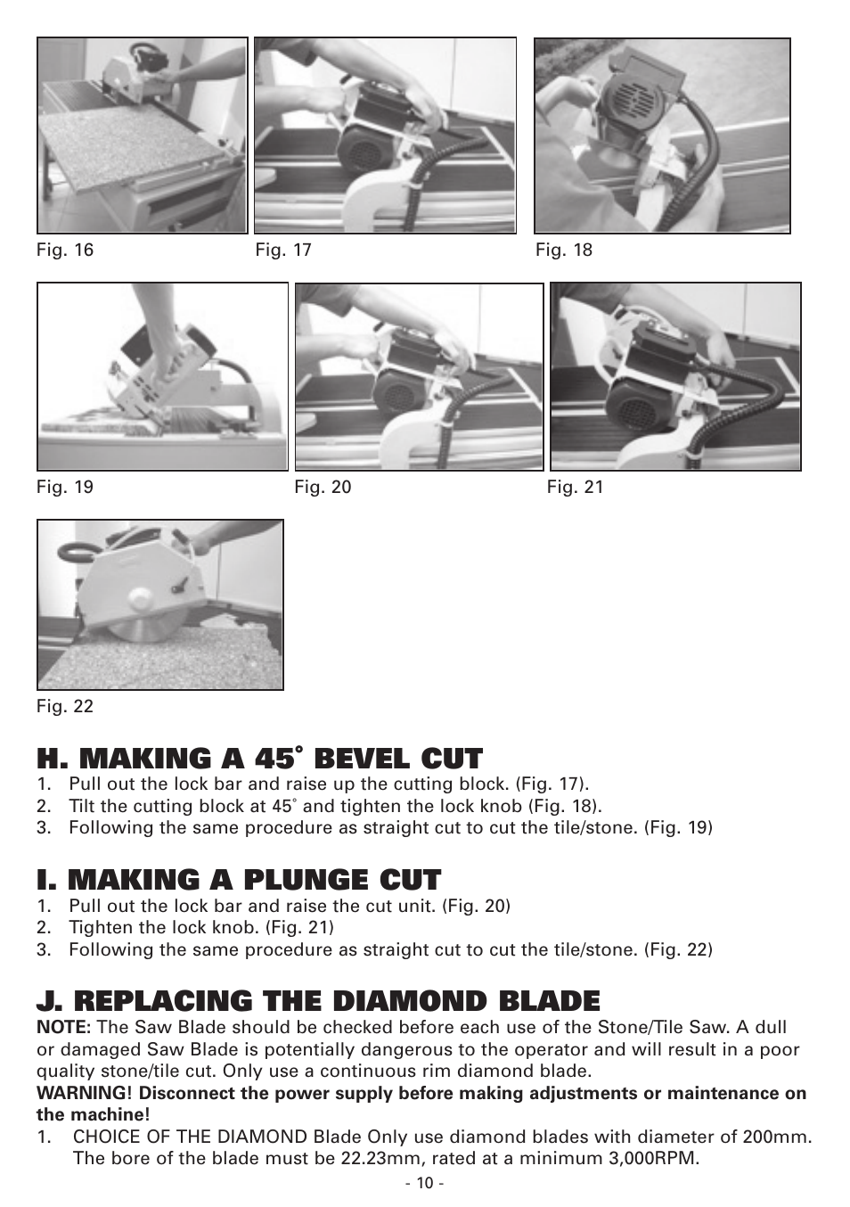H. making a 45˚ bevel cut, I. making a plunge cut, J. replacing the diamond blade | Vitrex BT900SRIND User Manual | Page 10 / 12
