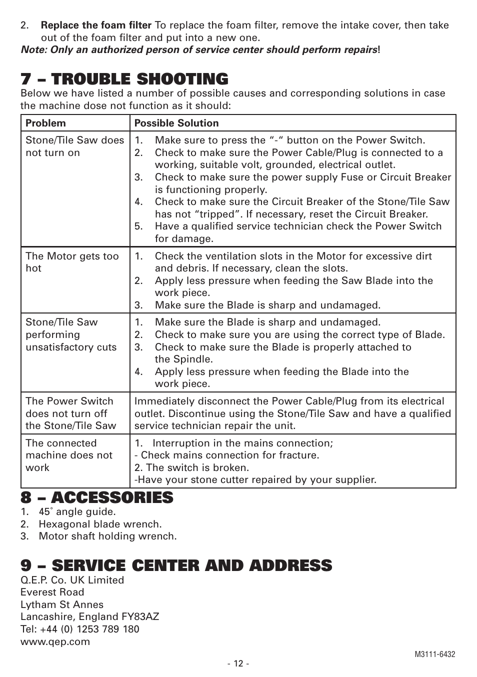 7 – trouble shooting, 8 – accessories, 9 – service center and address | Vitrex BT900SRIND User Manual | Page 12 / 12