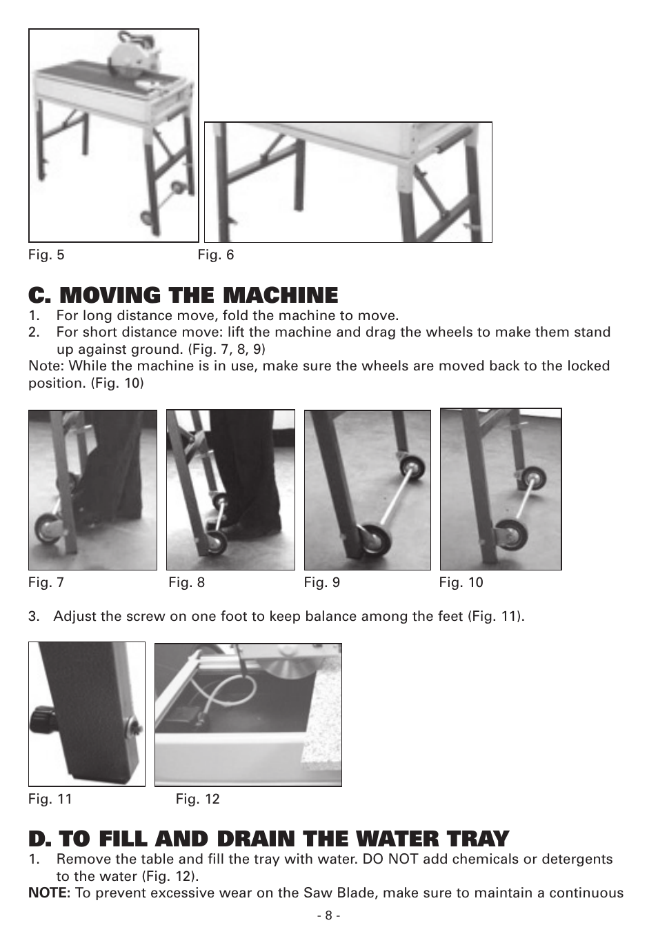 C. moving the machine, D. to fill and drain the water tray | Vitrex BT900SRIND User Manual | Page 8 / 12
