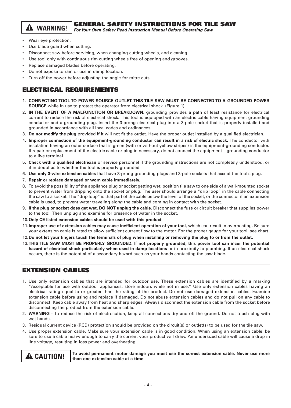 Caution, Warning, Extension cables | General safety instructions for tile saw, Electrical requirements | Vitrex BT65011IND User Manual | Page 4 / 12