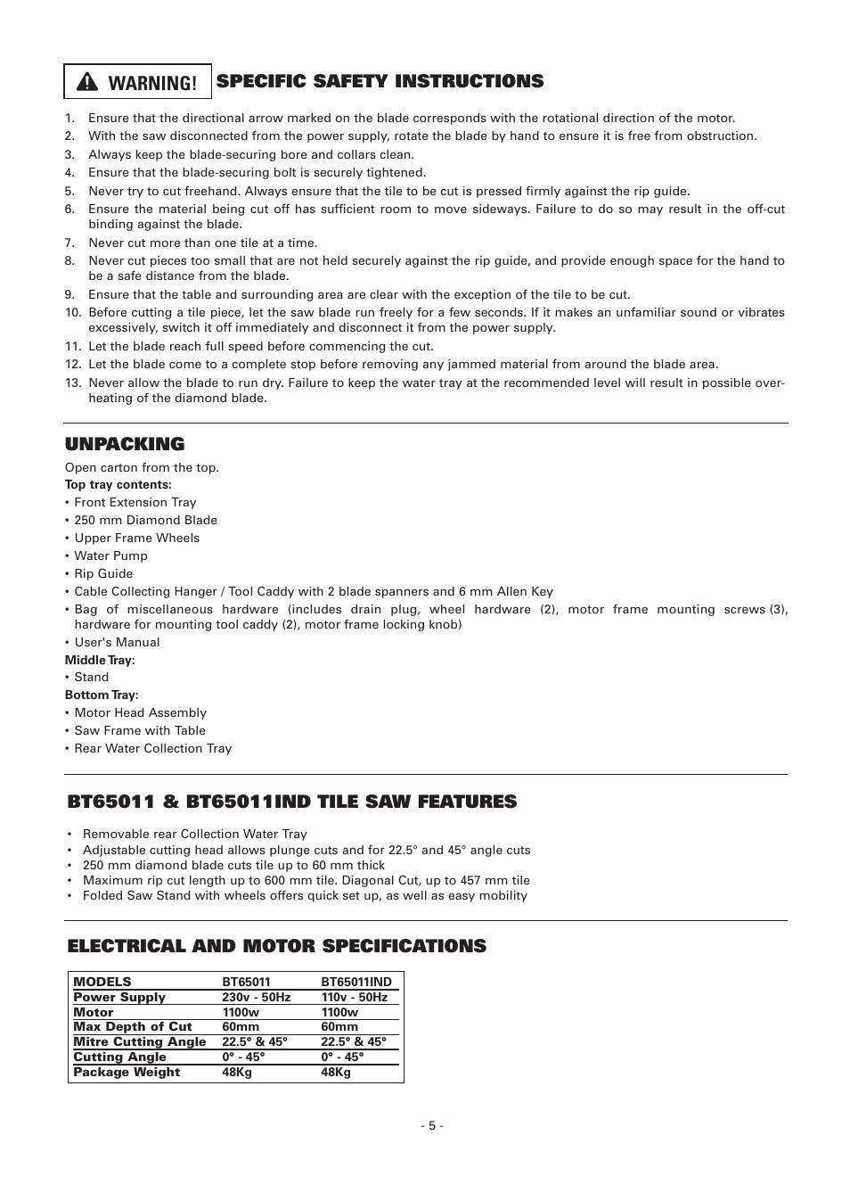 Warning, Specific safety instructions, Unpacking | Electrical and motor specifications | Vitrex BT65011IND User Manual | Page 5 / 12