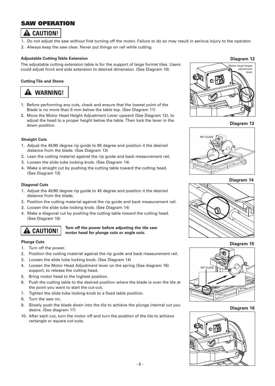 Caution, Warning! caution, Saw operation | Vitrex BT65011IND User Manual | Page 8 / 12