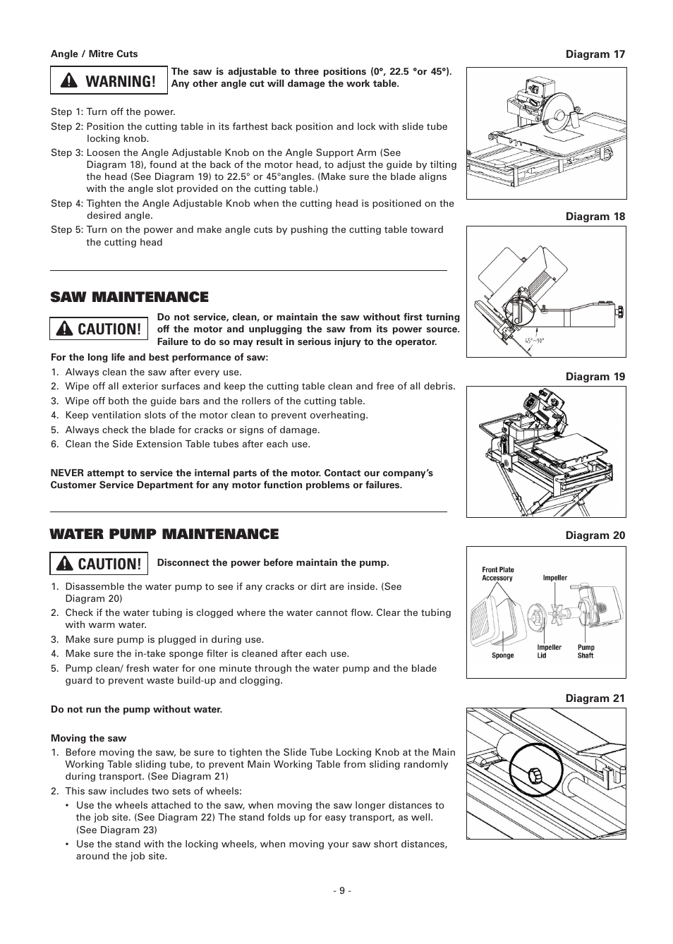Caution, Warning, Saw maintenance | Water pump maintenance | Vitrex BT65011IND User Manual | Page 9 / 12