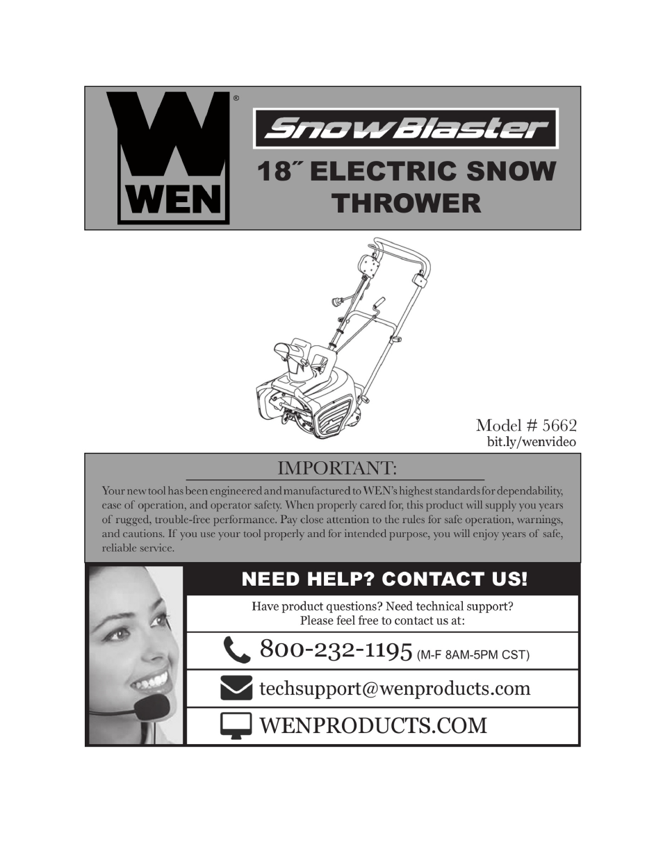 WEN 5662 13 A 18 inch Electric Snow Thrower User Manual | 19 pages