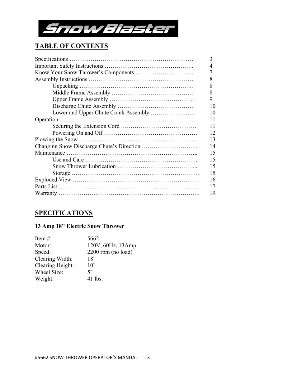 WEN 5662 13 A 18 inch Electric Snow Thrower User Manual | Page 3 / 19