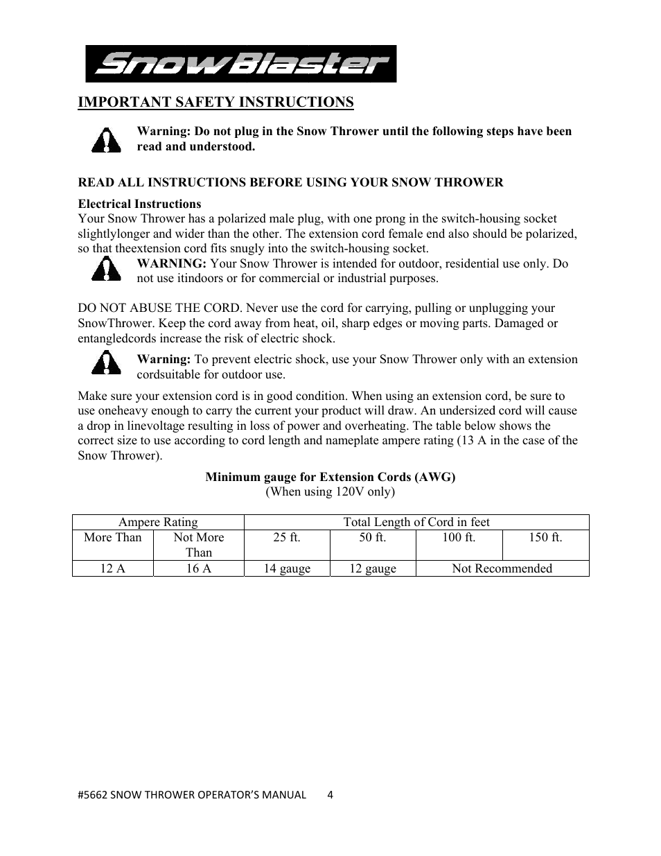 WEN 5662 13 A 18 inch Electric Snow Thrower User Manual | Page 4 / 19