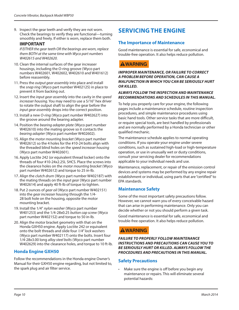 Honda engine gxh50, Servicing the engine, The importance of maintenance | Maintenance safety, Safety precautions | WycoTool WBP50 Backpack User Manual | Page 10 / 24