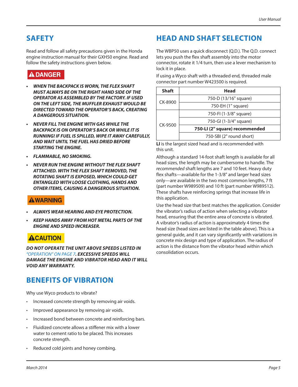 Safety, Benefits of vibration, Head and shaft selection | WycoTool WBP50 Backpack User Manual | Page 5 / 24