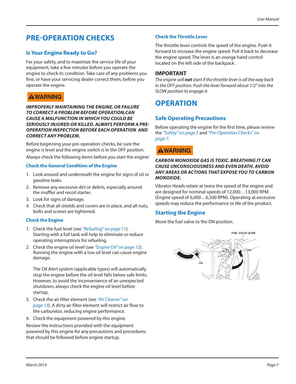 Pre-operation checks, Is your engine ready to go, Operation | Safe operating precautions, Starting the engine, Safe operating precautions starting the engine | WycoTool WBP50 Backpack User Manual | Page 7 / 24