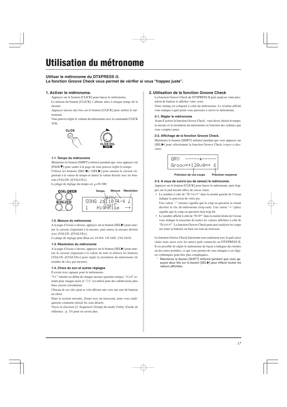 Utilisation du métronome, Grv -----¨----- groov=+12avg=+ 6 | Yamaha DTXPRESS II User Manual | Page 47 / 184