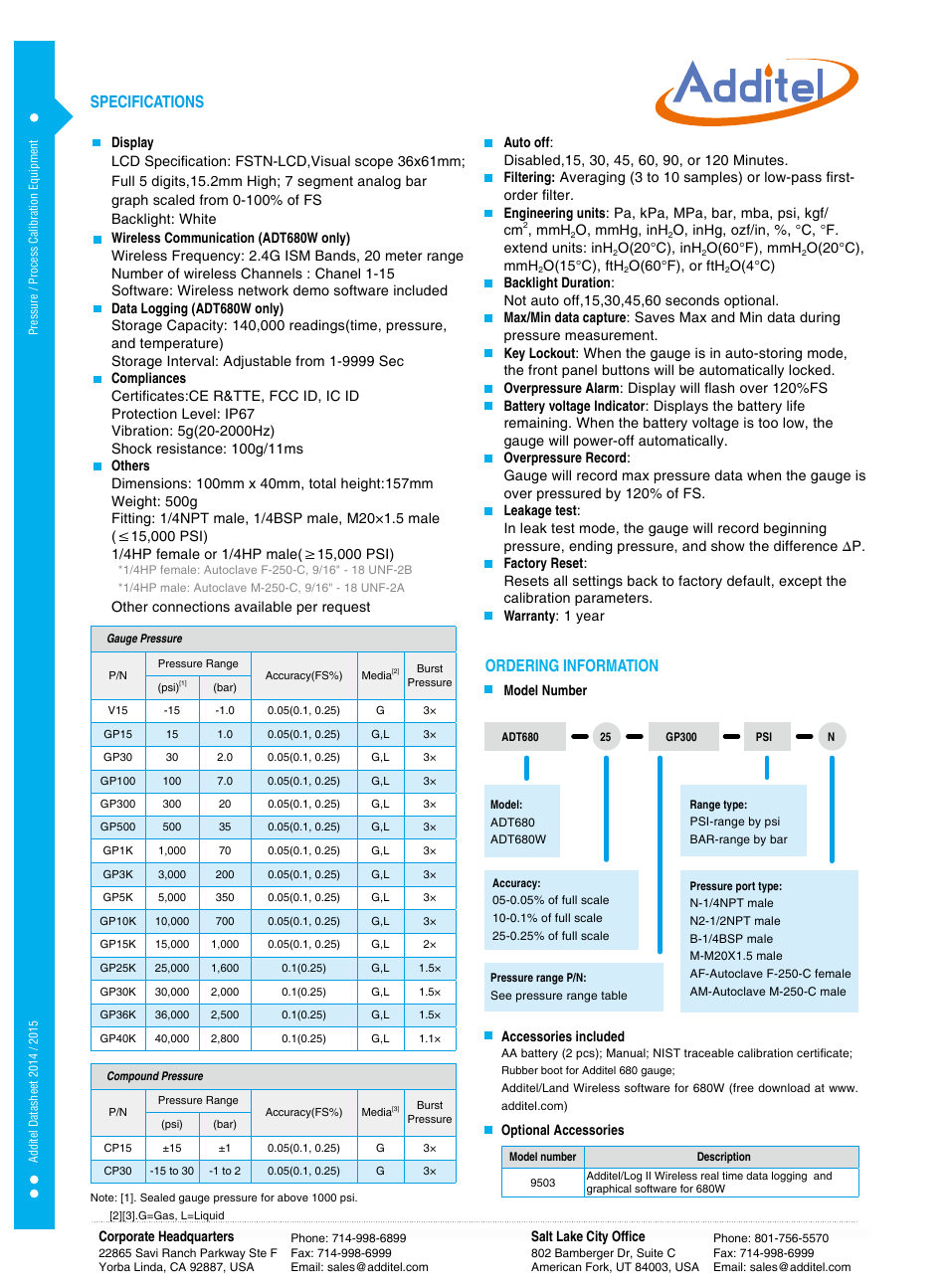 Specifications, Ordering information | Additel 680 Digital Pressure Gauges Datasheet User Manual | Page 2 / 2