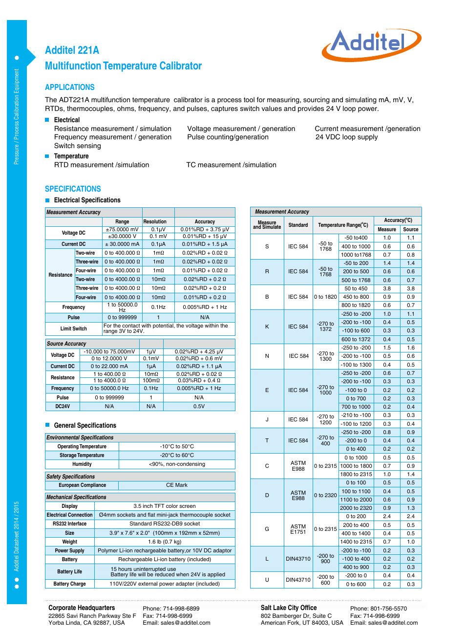 Multifunction temperature calibrator additel 221a, Applications, Specifications | Additel 221A Multifunction Temperature Calibrator Datasheet User Manual | Page 2 / 3