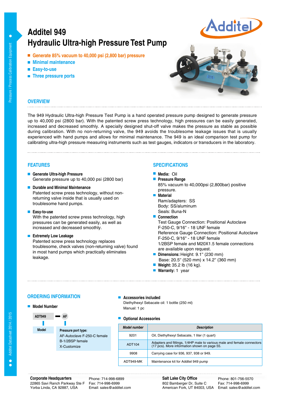 Additel 949 Hydraulic High Pressure Calibration Pump Datasheet User Manual | 1 page