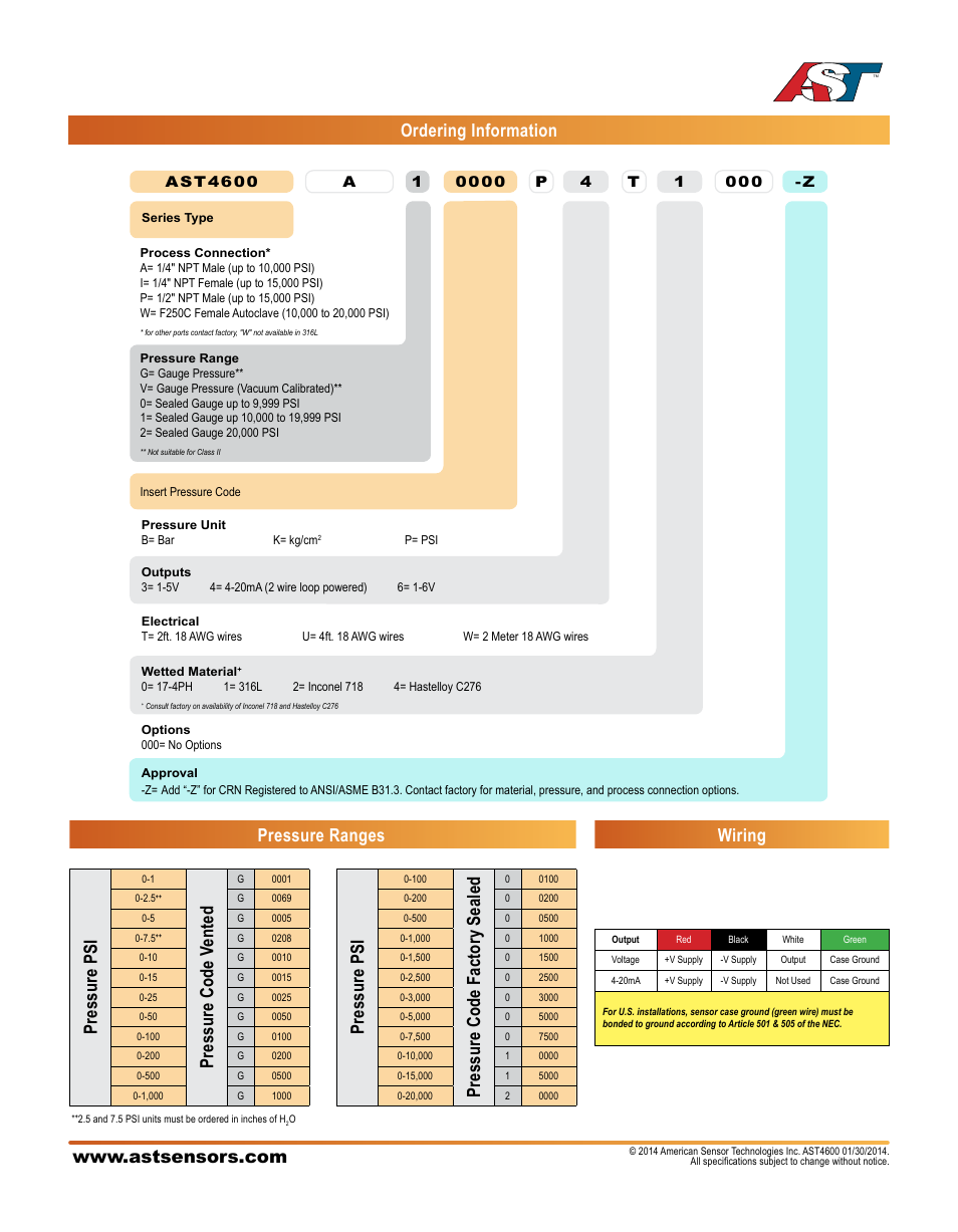 Ordering information pressure ranges, Pressure psi, Pressure code v ented | Pressure code factory sealed, Wiring | AST AST4600 Datasheet User Manual | Page 2 / 3