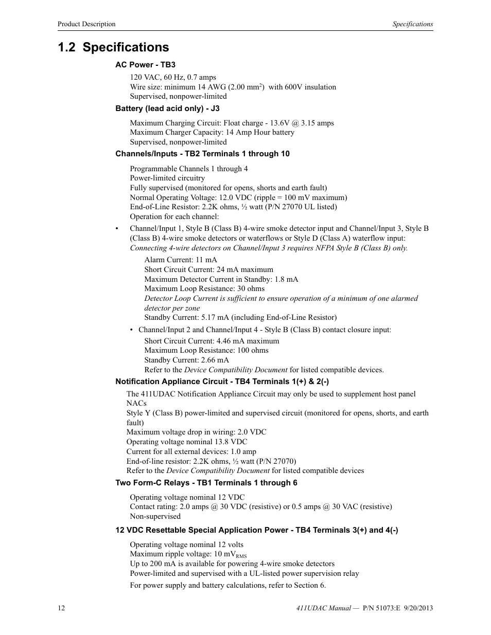 2 specifications, Specifications | Fire-Lite 411UDAC Fire Alarm Communicator User Manual | Page 12 / 84