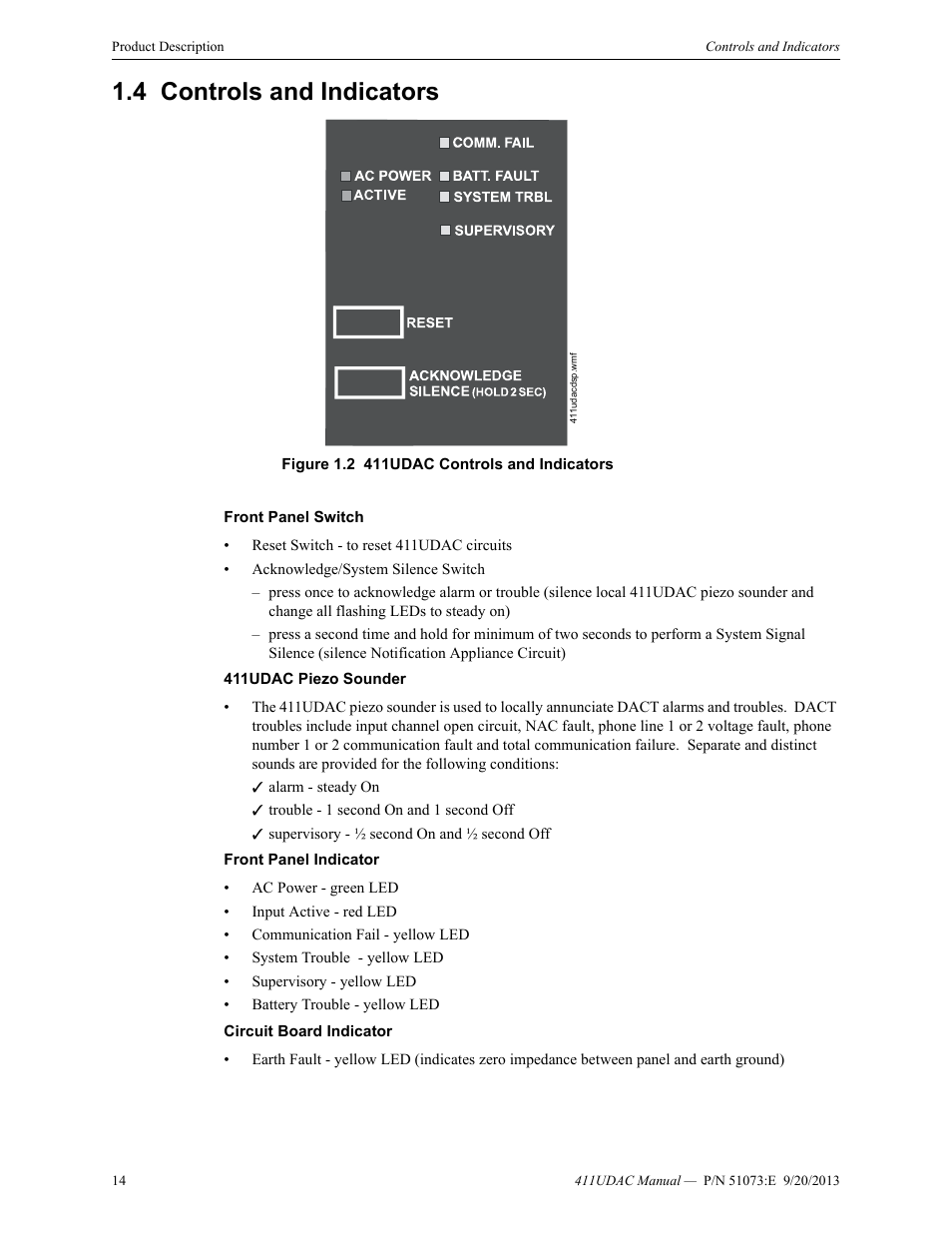 4 controls and indicators, Controls and indicators | Fire-Lite 411UDAC Fire Alarm Communicator User Manual | Page 14 / 84