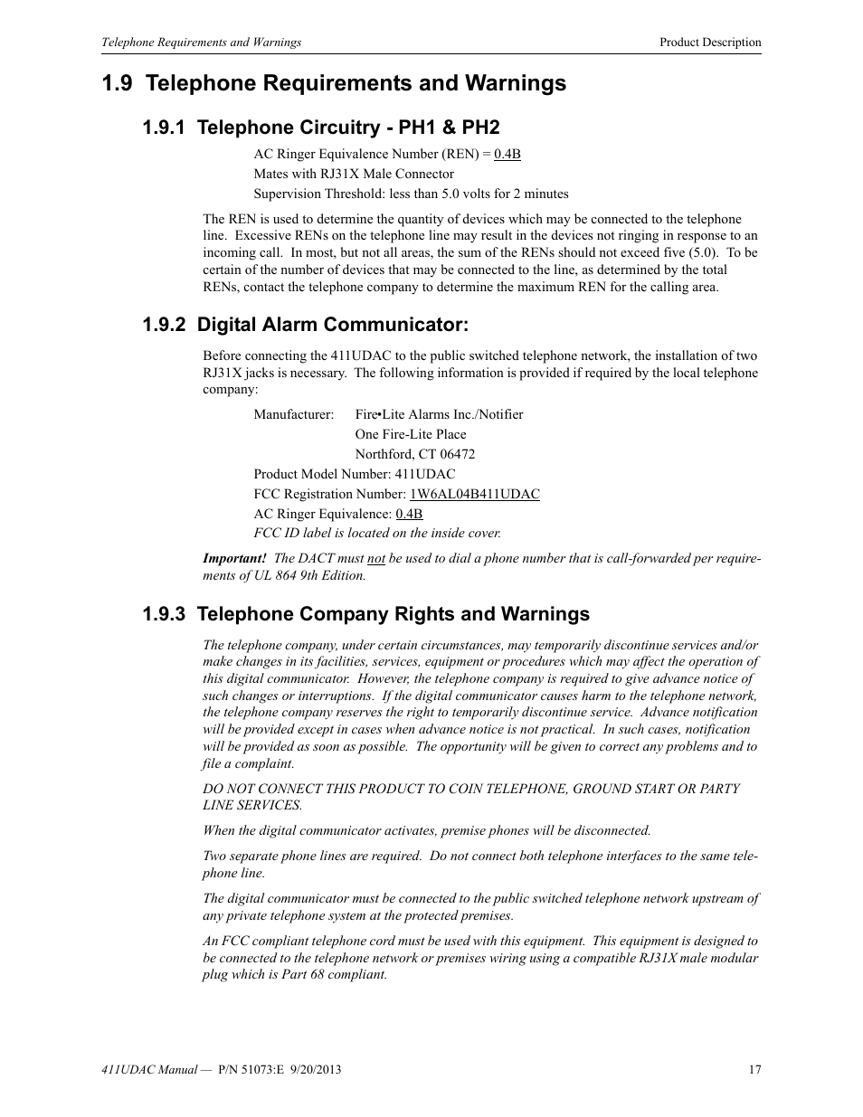 9 telephone requirements and warnings, 1 telephone circuitry - ph1 & ph2, 2 digital alarm communicator | 3 telephone company rights and warnings, Telephone requirements and warnings | Fire-Lite 411UDAC Fire Alarm Communicator User Manual | Page 17 / 84