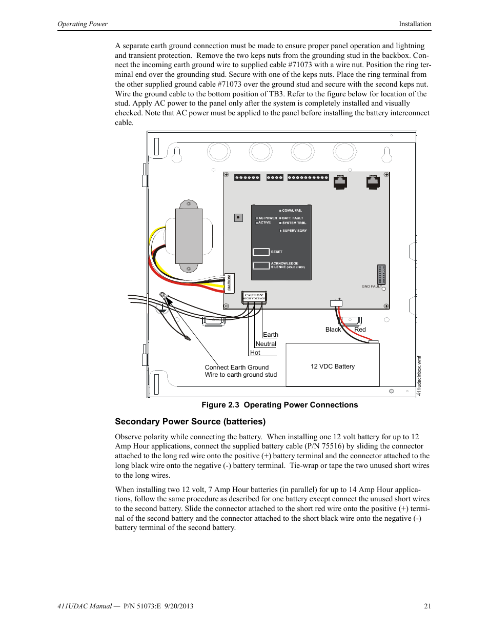 Secondary power source (batteries), Figure 2.3 operating power connections | Fire-Lite 411UDAC Fire Alarm Communicator User Manual | Page 21 / 84
