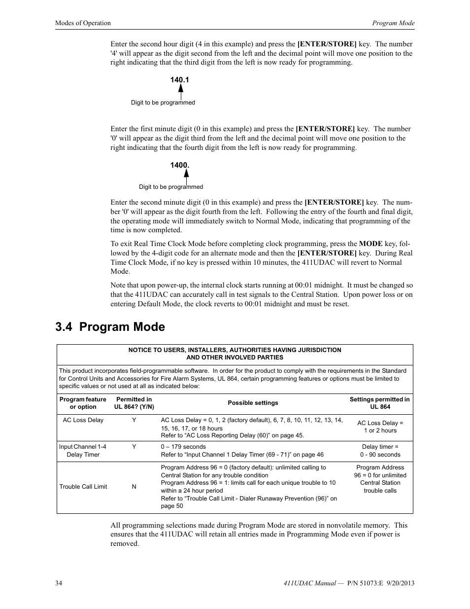 4 program mode, Program mode | Fire-Lite 411UDAC Fire Alarm Communicator User Manual | Page 34 / 84