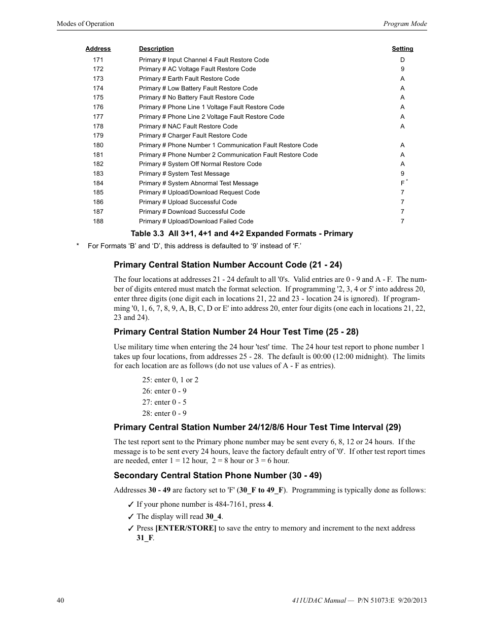 Secondary central station phone number (30 - 49) | Fire-Lite 411UDAC Fire Alarm Communicator User Manual | Page 40 / 84